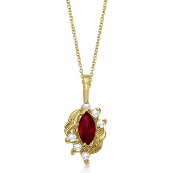 Marquise Ruby & Diamond Pendant Necklace in 14K Yellow Gold (0.34ct)