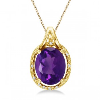 Oval Amethyst and Diamond Pendant Necklace 14k Yellow Gold (3.00ct)