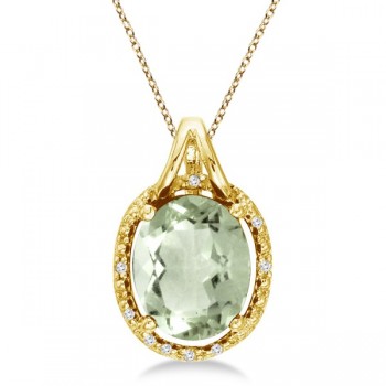 Oval Green Amethyst & Diamond Pendant Necklace 14k Yellow Gold (3.00ct)