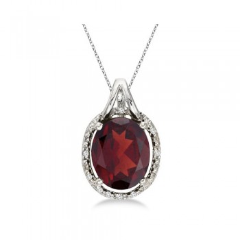 Oval Garnet and Diamond Pendant Necklace 14k White Gold (3.00ct)