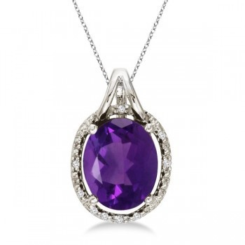 Oval Amethyst and Diamond Pendant Necklace 14k White Gold (3.00ct)