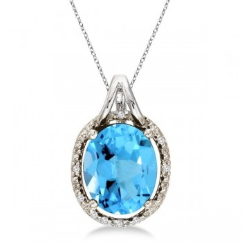 Oval Blue Topaz and Diamond Pendant Necklace 14k White Gold (3.00ct)