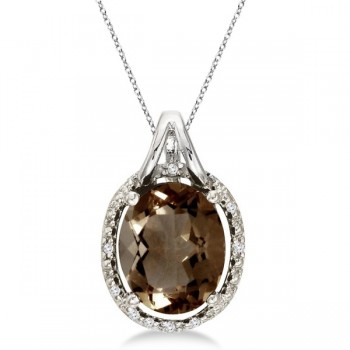 Oval Smoky Topaz and Diamond Pendant Necklace 14k White Gold (3.00ct)