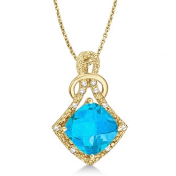 Blue Topaz & Diamond Swirl Pendant Necklace 14k Yellow Gold (4.05ct)