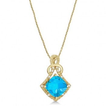 Blue Topaz & Diamond Swirl Pendant Necklace 14k Yellow Gold (4.05ct)