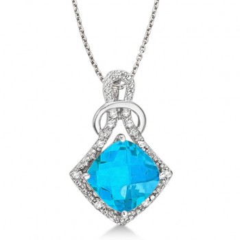 Blue Topaz & Diamond Swirl Pendant Necklace 14k White Gold (4.05ct)