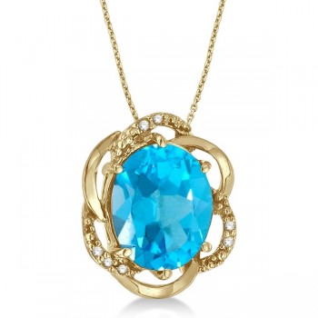 Blue Topaz & Diamond Flower Shaped Pendant 14k Yellow Gold (3.00ct)