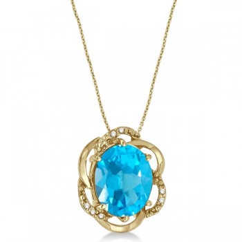 Blue Topaz & Diamond Flower Shaped Pendant 14k Yellow Gold (3.00ct)