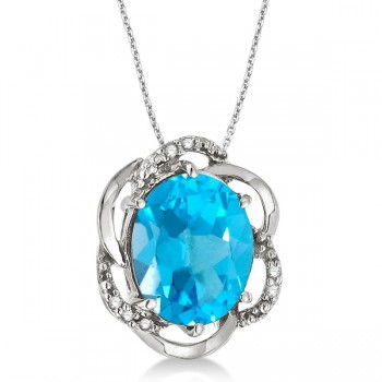 Blue Topaz & Diamond Flower Shaped Pendant 14k White Gold (3.00ct)