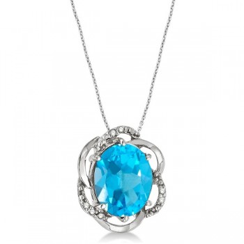 Blue Topaz & Diamond Flower Shaped Pendant 14k White Gold (3.00ct)