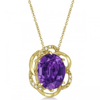 Amethyst & Diamond Flower Shaped Pendant 14k Yellow Gold (2.45ct)