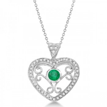 Emerald Filigree Heart Pendant Necklace in 14K White Gold (0.34ct)