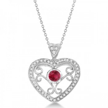 Ruby Gemstone Filigree Heart Pendant in 14K White Gold (0.44ct)