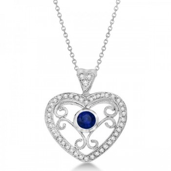 Blue Sapphire Filigree Heart Necklace in 14K White Gold (0.40ct)