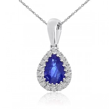 Diamond Teardrop Pear Sapphire Pendant Necklace 14k White Gold 0.57ct