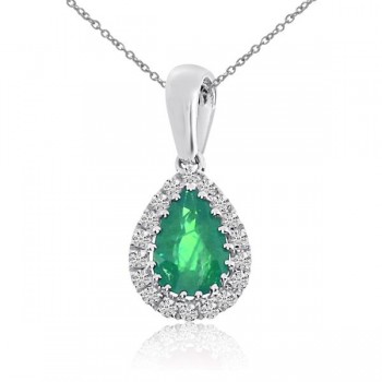 Diamond Teardrop Pear Emerald Pendant Necklace 14k White Gold (0.57ct)