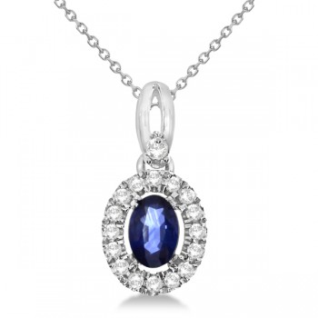 Oval Sapphire & Diamond Halo Pendant Necklace in 14K White Gold 0.61ct
