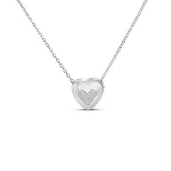 Heart White Opal Bezel Pendant Necklace 14K White Gold (0.16ct)