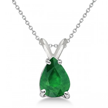 Pear Cut Emerald Solitaire Pendant Necklace 14K White Gold (0.75ct)