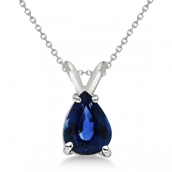 Pear Cut Sapphire Solitaire Pendant Necklace 14K White Gold (0.75ct)