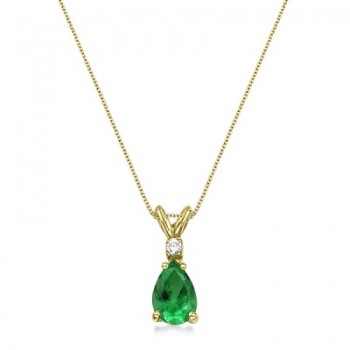 Pear Emerald & Diamond Solitaire Pendant Necklace 14k Yellow Gold (0.75ct)