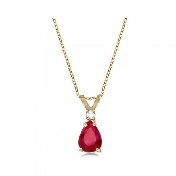 Pear Ruby & Diamond Solitaire Pendant Necklace 14k Yellow Gold (0.75ct)