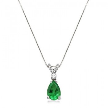 Pear Lab Emerald & Diamond Solitaire Pendant Necklace 14k White Gold (0.75ct)