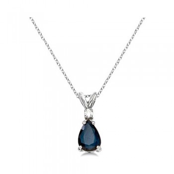 Pear Lab Blue Sapphire & Diamond Solitaire Pendant Necklace 14k White Gold (0.75ct)