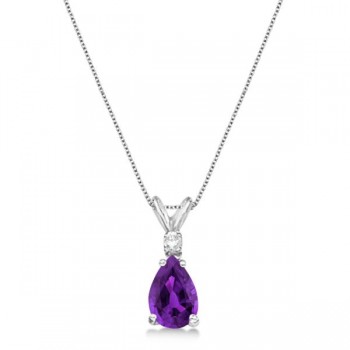 Pear Lab Amethyst & Diamond Solitaire Pendant Necklace 14k White Gold (0.75ct)