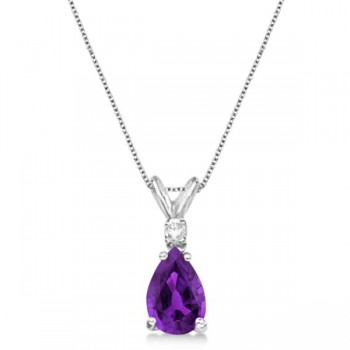 Pear Lab Amethyst & Diamond Solitaire Pendant Necklace 14k White Gold (0.75ct)