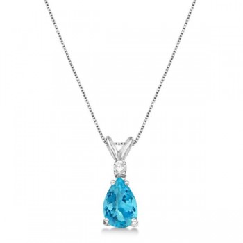 Pear Lab Blue Topaz & Diamond Solitaire Pendant Necklace 14k White Gold (0.75ct)