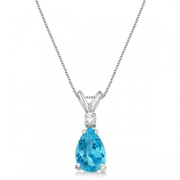 Pear Lab Blue Topaz & Diamond Solitaire Pendant Necklace 14k White Gold (0.75ct)