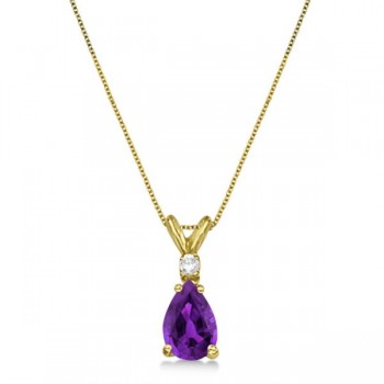 Pear Lab Amethyst & Diamond Solitaire Pendant Necklace 14k Yellow Gold (0.75ct)