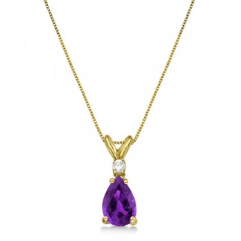 Pear Amethyst & Diamond Solitaire Pendant Necklace 14k Yellow Gold (0.75ct)