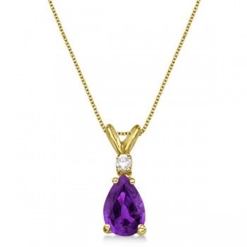 Pear Amethyst & Diamond Solitaire Pendant Necklace 14k Yellow Gold (0.75ct)