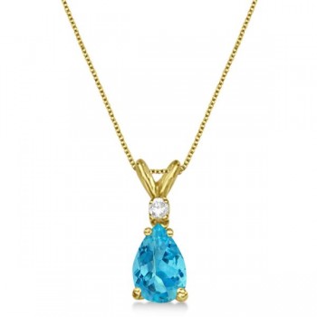 Pear Lab Blue Topaz & Diamond Solitaire Pendant Necklace 14k Yellow Gold (0.75ct)
