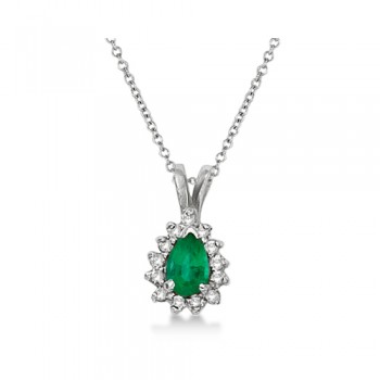 Pear Emerald & Diamond Pendant Necklace 14k White Gold (0.70ct)