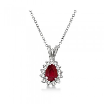 Pear Ruby & Diamond Pendant Necklace 14k White Gold (0.70ct)
