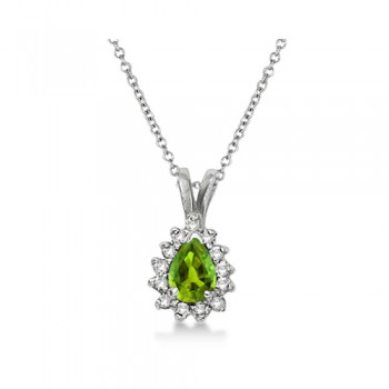 Pear Peridot & Diamond Pendant Necklace 14k White Gold (0.70ct)