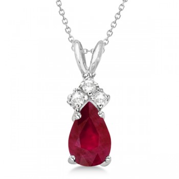 Pear Ruby & Diamond Solitaire Pendant Necklace 14k White Gold (0.75ct)