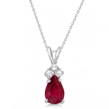 Pear Ruby & Diamond Solitaire Pendant Necklace 14k White Gold (0.75ct)