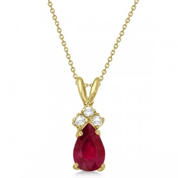 Pear Lab Ruby & Lab Grown Diamond Solitaire Pendant Necklace 14k Yellow Gold (0.75ct)