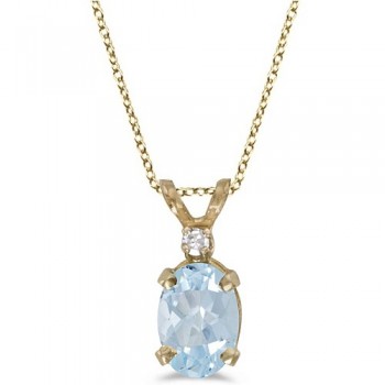 Oval Aquamarine & Diamond Solitaire Pendant 14K Yellow Gold (0.75ct)