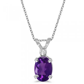 Oval Amethyst & Diamond Solitaire Pendant 14K White Gold (0.82ct)