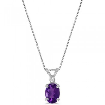 Oval Amethyst & Diamond Solitaire Pendant 14K White Gold (0.82ct)