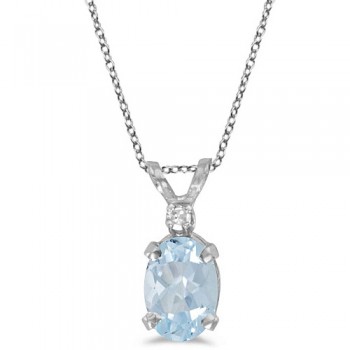 Oval Aquamarine & Diamond Solitaire Pendant 14K White Gold (0.75ct)