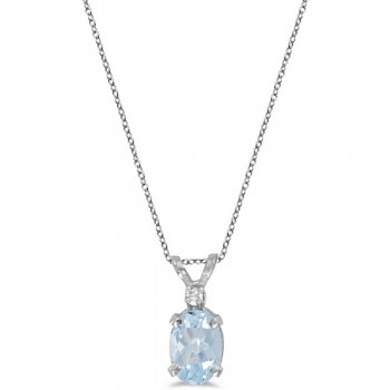 Oval Aquamarine & Diamond Solitaire Pendant 14K White Gold (0.75ct)