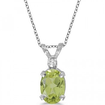 Oval Peridot and Diamond Solitaire Pendant 14K White Gold (0.93ct)