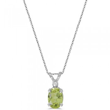 Oval Peridot and Diamond Solitaire Pendant 14K White Gold (0.93ct)