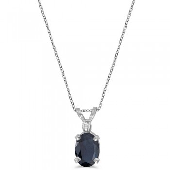 Oval Sapphire & Diamond Solitaire Pendant 14K White Gold (1.00ct)